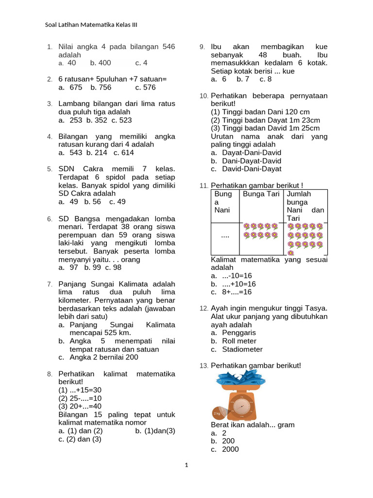 Soal Matematika Kelas 3 Semester 1 | PDF
