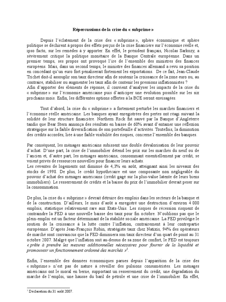 Impact de la crise des subprimes sur l'économie | PDF | Banque centrale ...