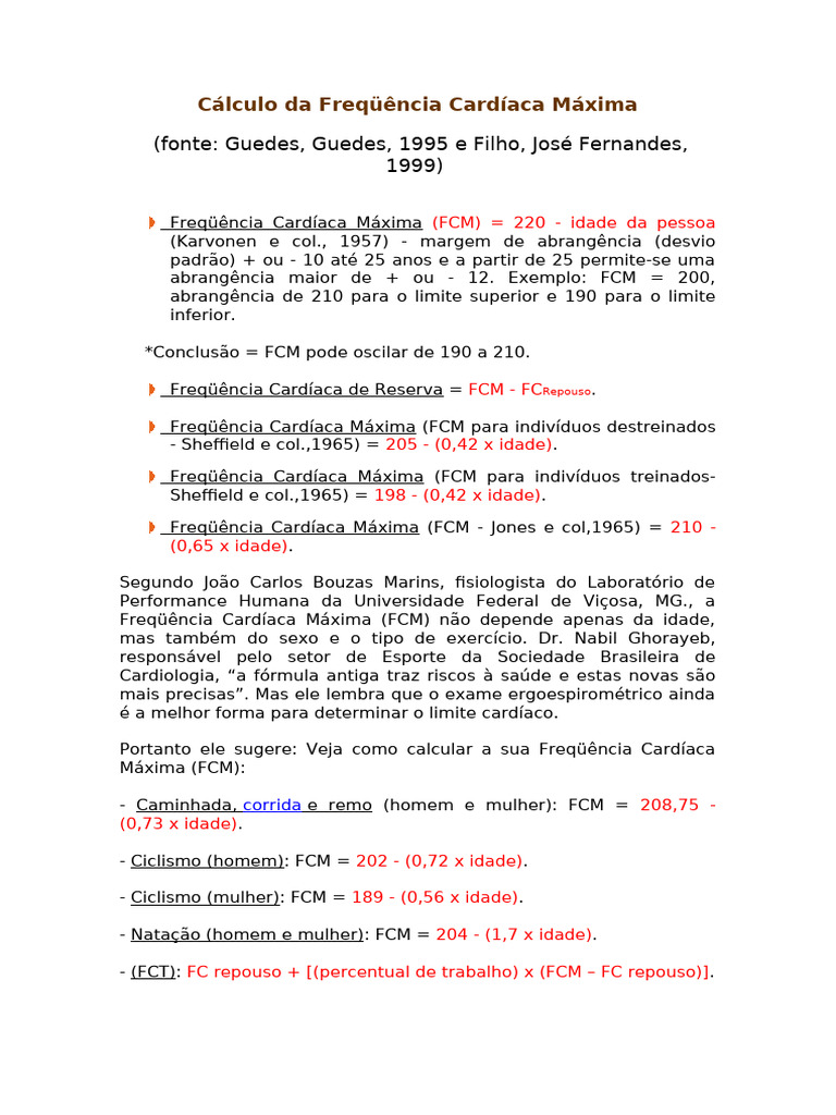 Cálculo da Frequência Cardíaca Máxima | PDF | Frequência cardíaca