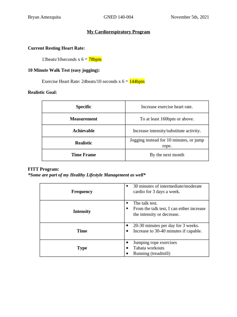 Cardiorespiratory Fitness Program Plan | PDF