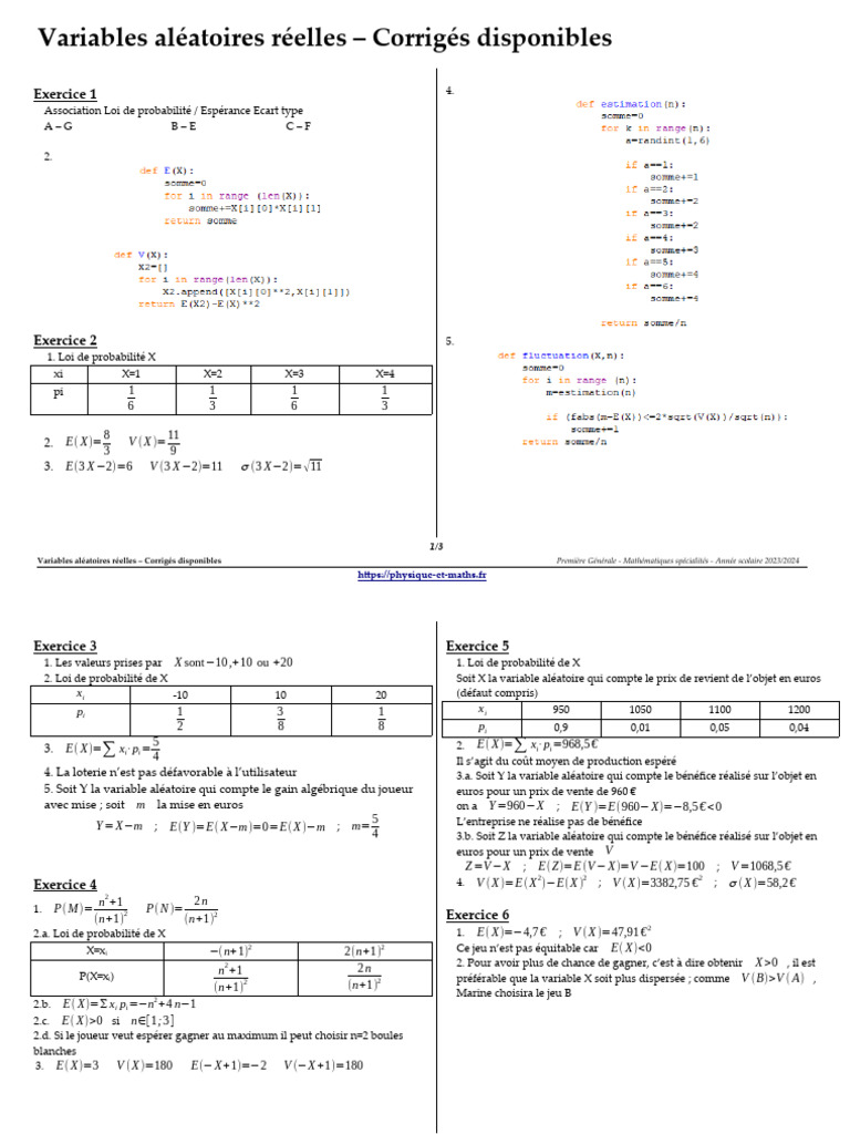 Variables Aleatoires Corriges | PDF | Espérance mathématique | Variable ...