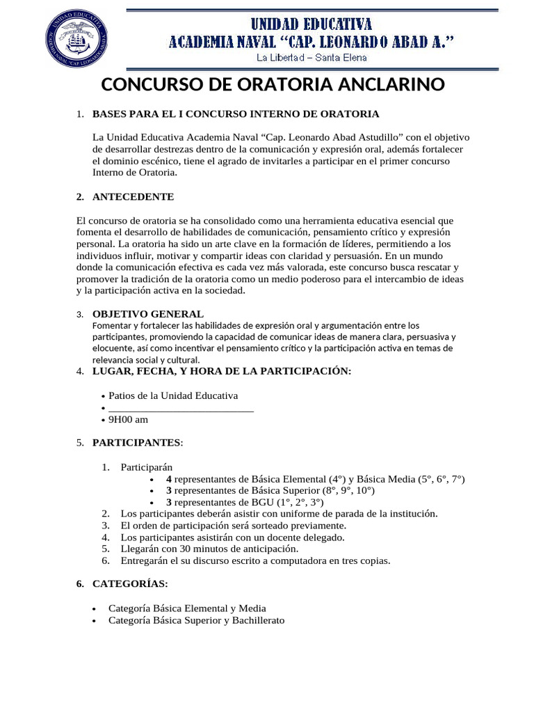 Bases Del Concurso Oratoria - Declamación y Pintura | PDF | Hablar en ...