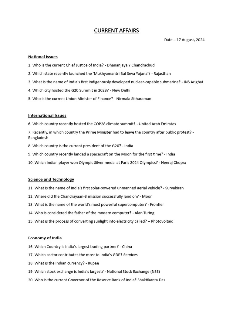 Current Affairs Summary - August 2024 | PDF