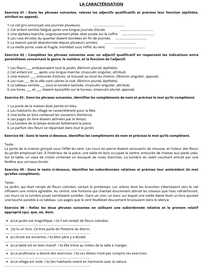Exercices de caractérisation et adjectifs | PDF