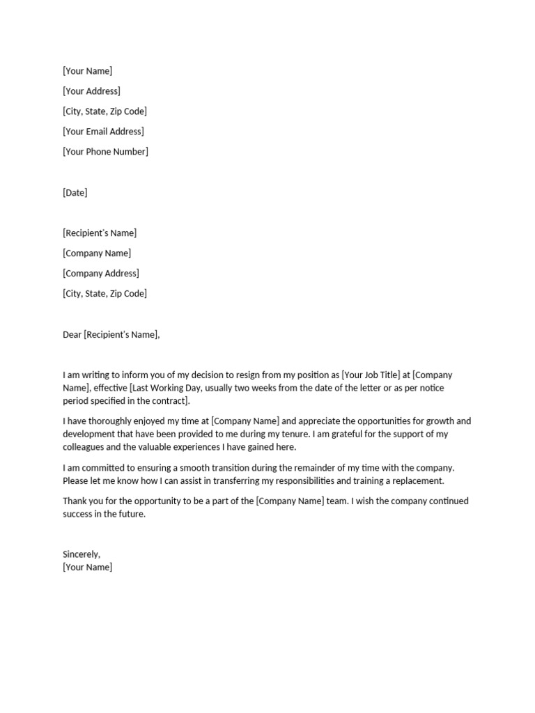 Standard Resignation Letter Template | PDF