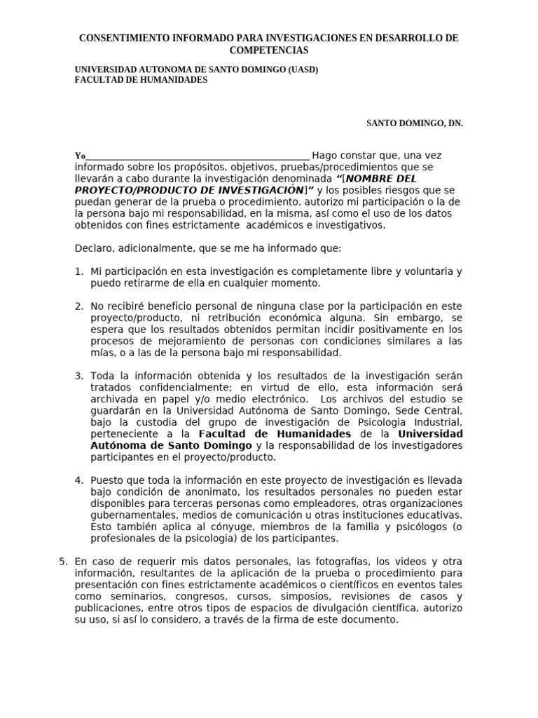 Consentimiento Informado UASD Investigación | PDF | Consentimiento ...
