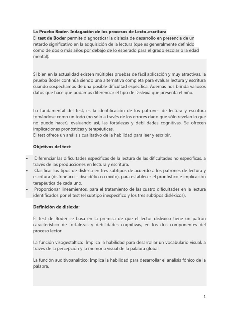 Test de Boder para Diagnóstico de Dislexia | PDF | Dislexia | Cognición