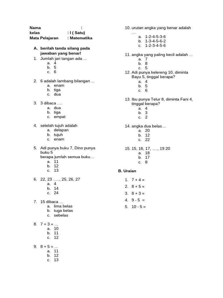 Soal Matematika Kelas 1 untuk Siswa | PDF