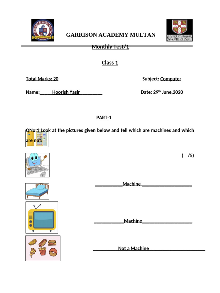 Class 1 Computer Monthly Test Guide Pdf