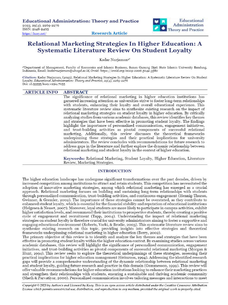 View of Relational Marketing Strategies in Higher Education - A ...