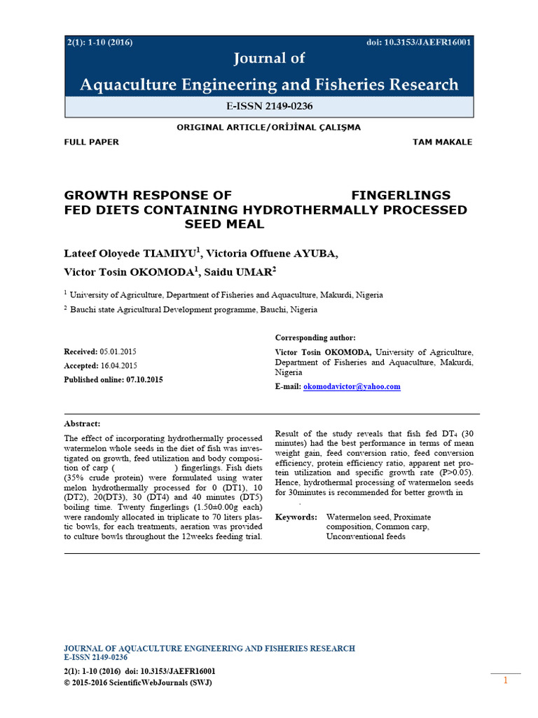 OWTH RESPONSE OF Cyprinus Carpio FINGERLINGS FED DIETS CONTAINING ...