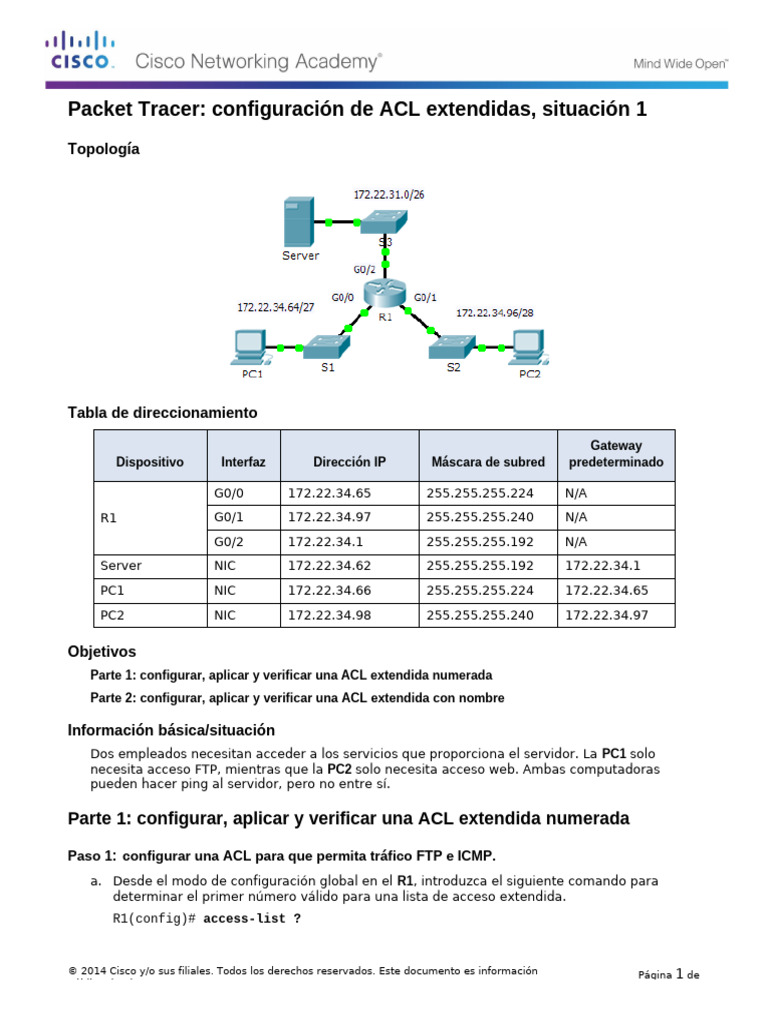 Configuración de ACL Extendidas en Packet Tracer | PDF | Protocolo de ...