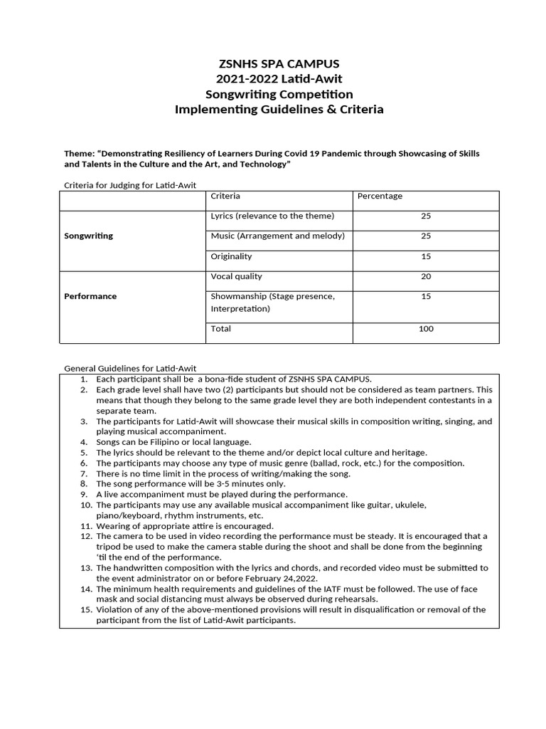 Guidelines in Awit Latid 2021 2022 | PDF | Songs | Musical Compositions