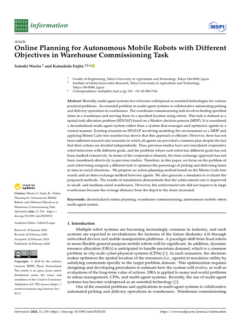 Online Planning For Autonomous Mobile Robots With Different Objectives ...