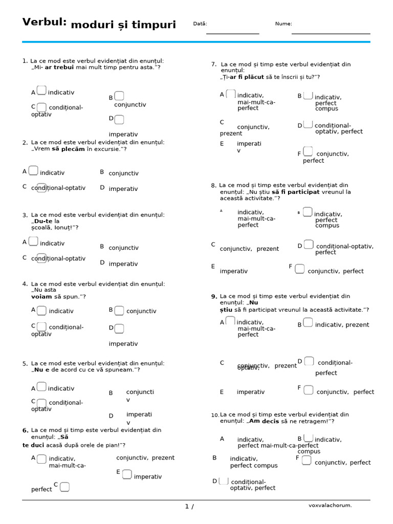 Verbul Moduri Si Timpuri Chestionar | PDF