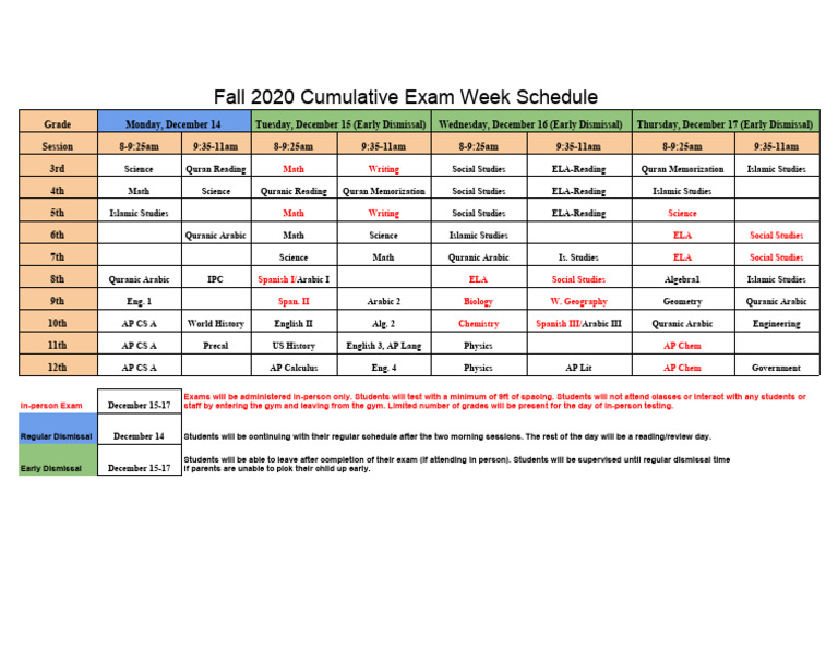 Fall 2020 Cumulative Exam Week Schedule | PDF