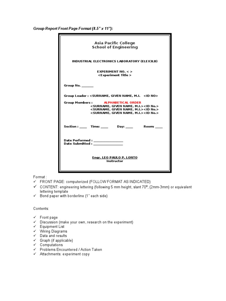Group Report Front Page Format (8.5" X 11") Asia Pacific College