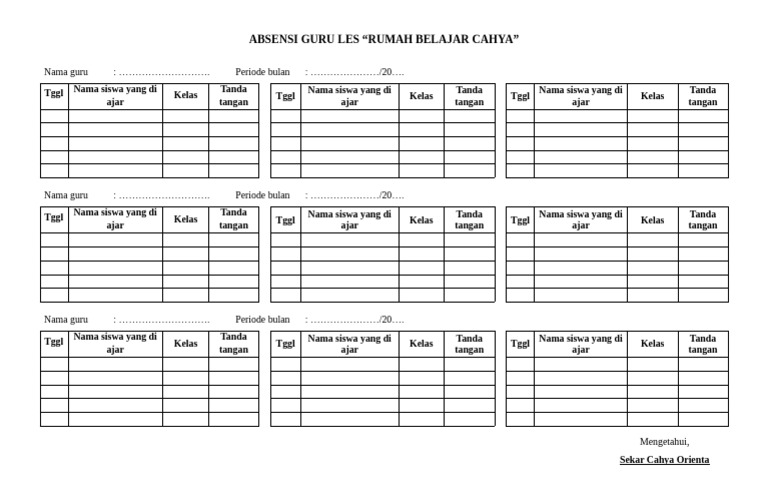 Contoh Absen Les Privat Cahya | PDF