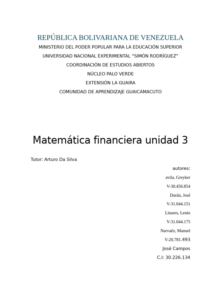 Matemática Financiera Unidad 3 | PDF | Préstamos | Interés