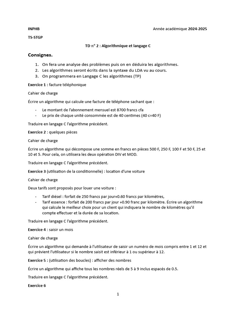 Exercices d'Algorithmique en C | PDF | C (Langage de programmation ...