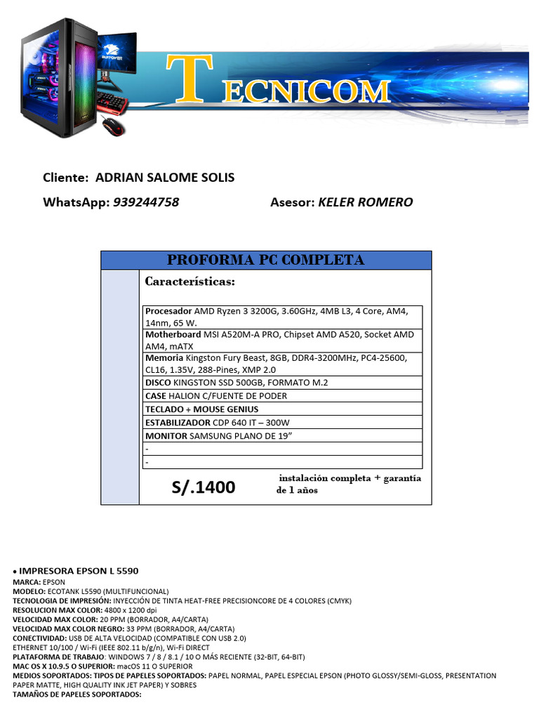 Cotizacion Equipos Informaticos Tednicom | PDF | Hardware de la ...