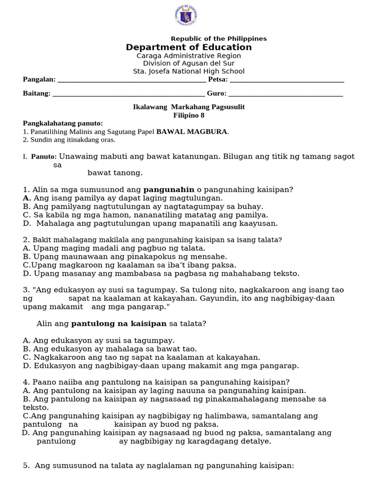 Answer Key Ikalawang Markahan Sa Filipino 8 | PDF