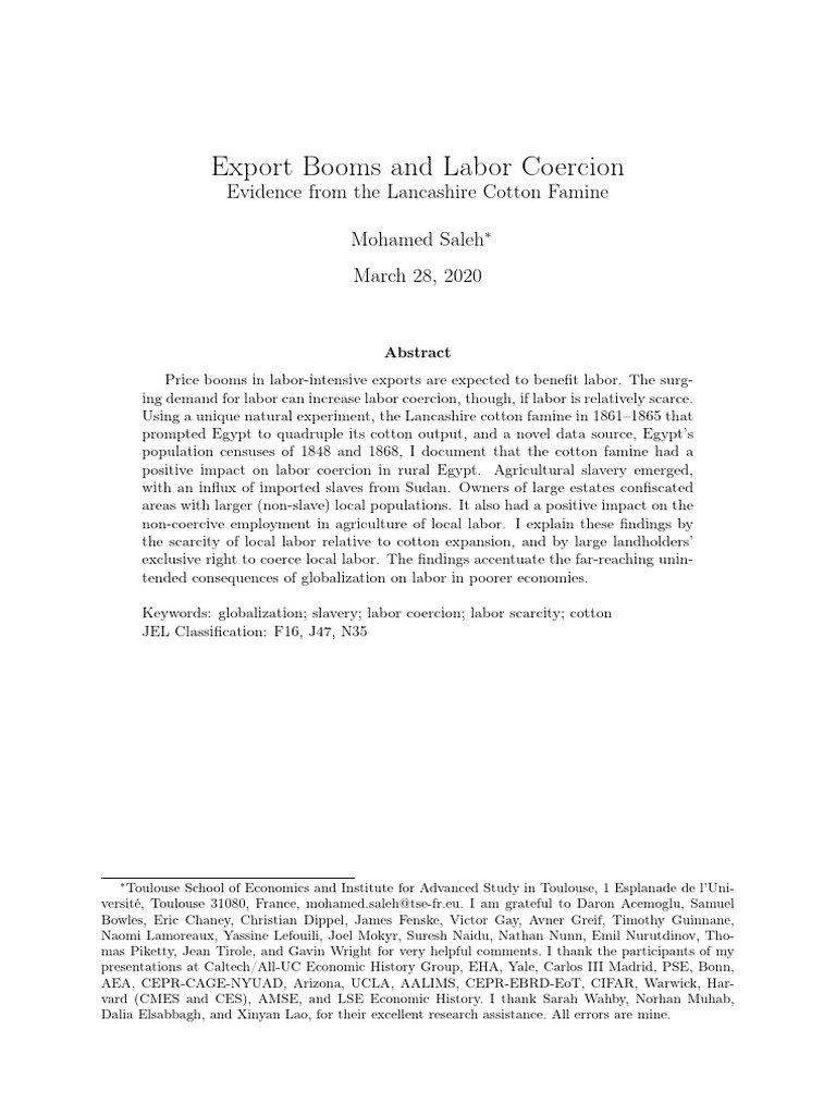 SALEH, Mohamed - Export Booms and Labor Coercion | PDF | Slavery ...
