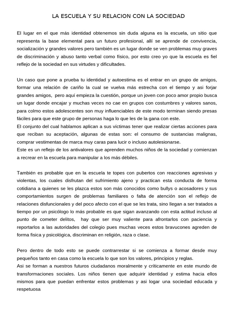 La Escuela Como Reflejo de La Sociedad | PDF | Autoestima | Escuelas