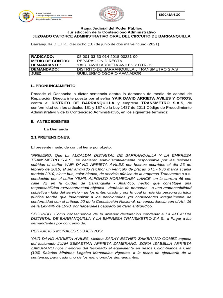 2018-00231. Sentencia RD Accidente Tránsito - Niega | PDF | Caso de ley ...