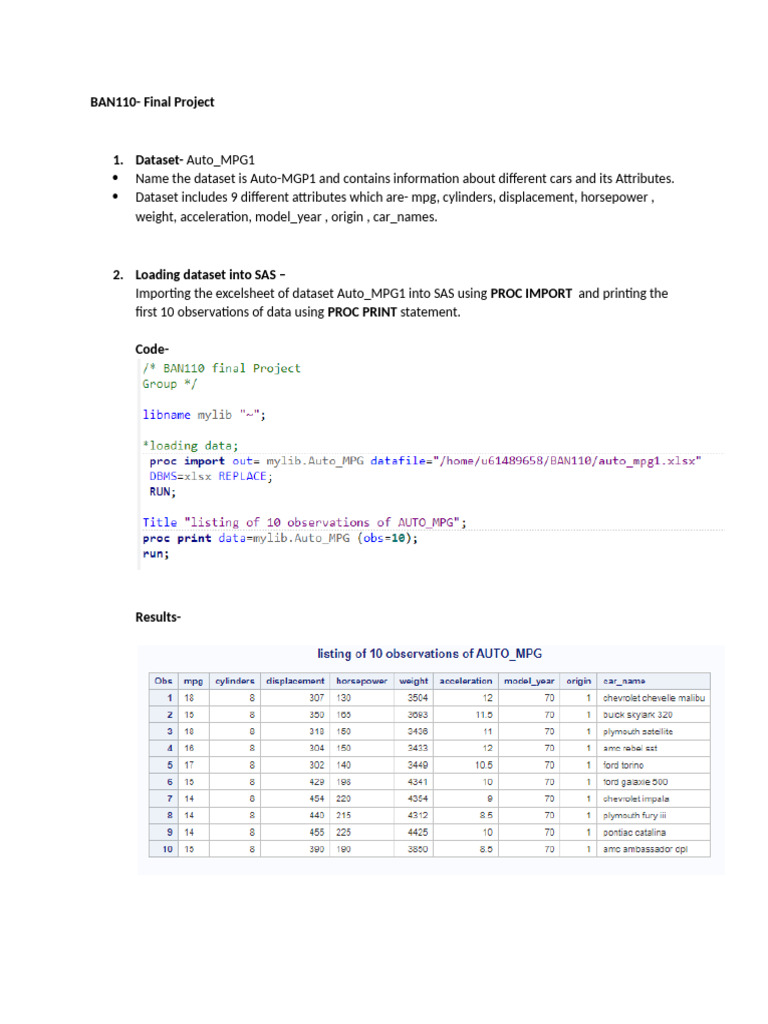 Analyzing Auto_MPG1 Dataset in SAS | PDF | Statistics | Histogram
