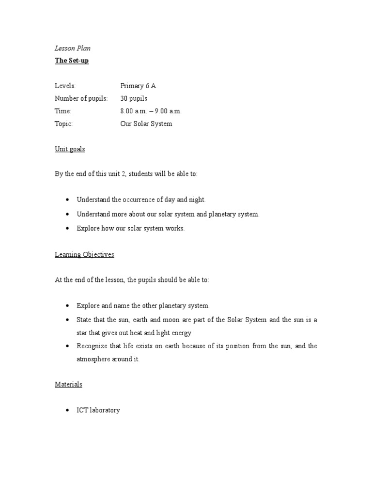 Lesson Plan Our Solar System Solar System Planets