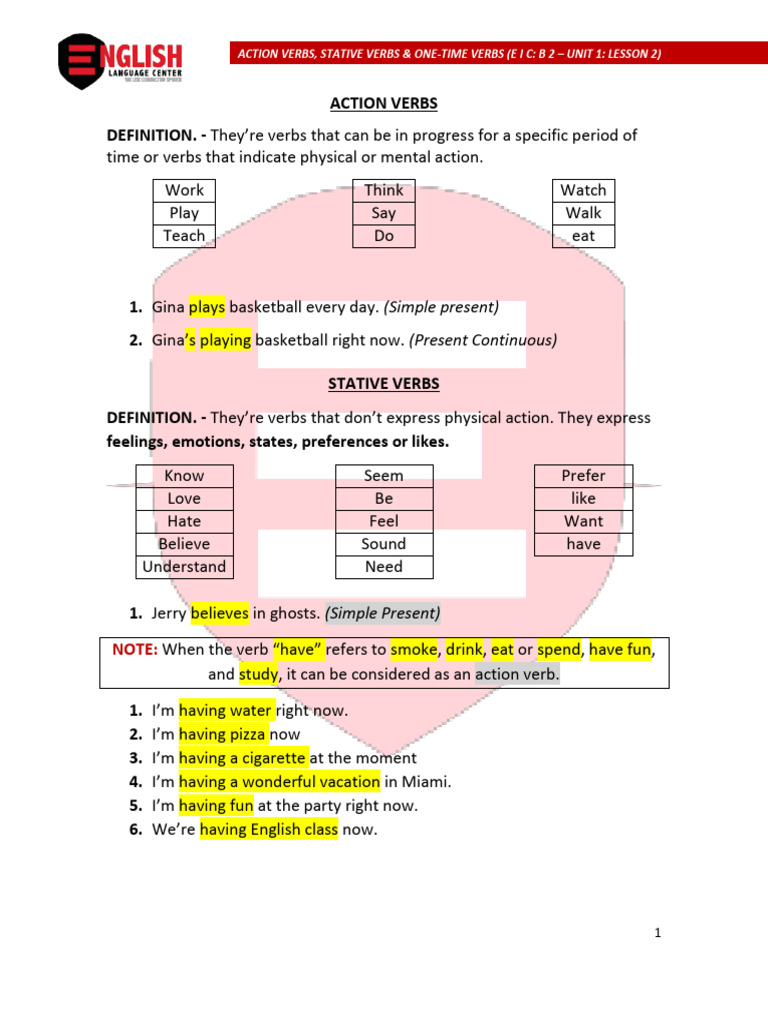 Action vs. Stative Verbs Explained | PDF | Verb | Grammar