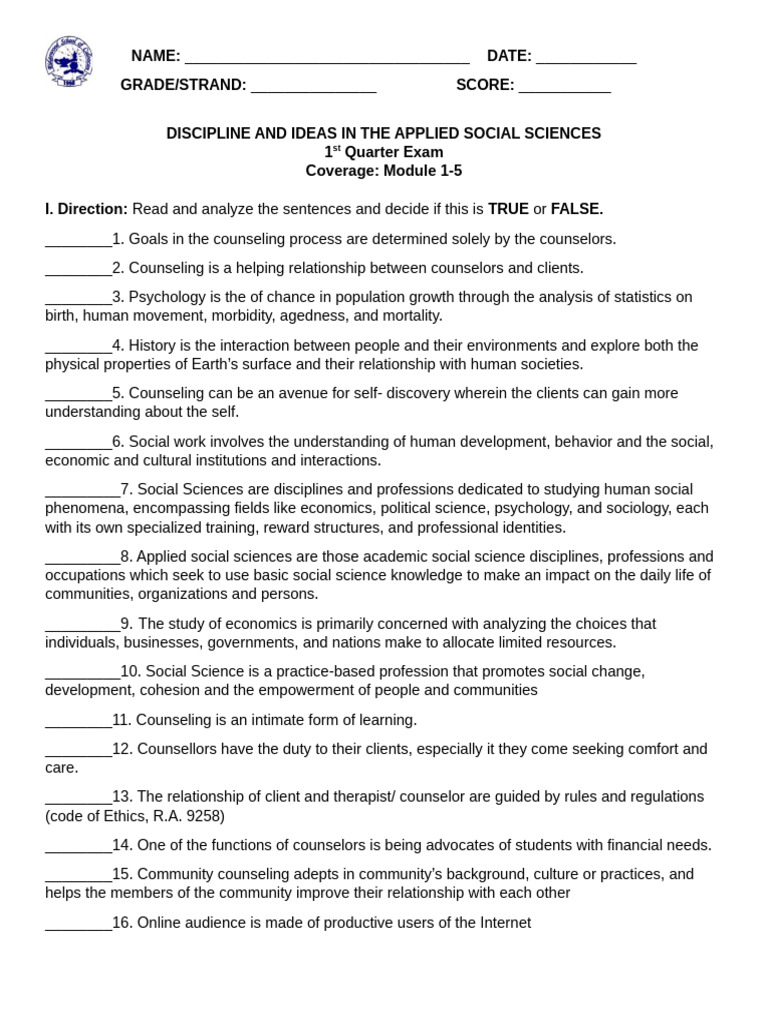 1st Quarter Exam: Applied Social Sciences | PDF | Social Sciences ...