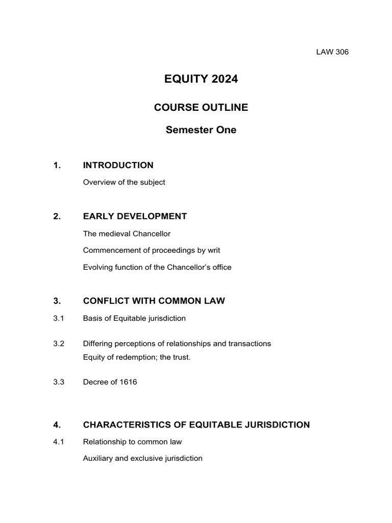 EQUITY 2024 Course Outline Semester One | PDF | Equity (Law) | Private Law