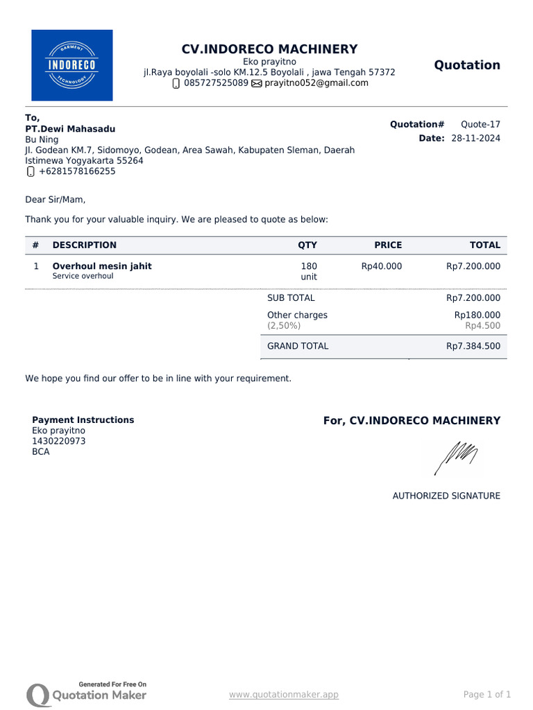 Quotation for Overhaul Service | PDF