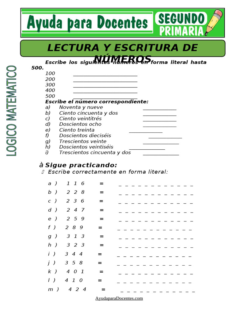 Números en forma literal hasta 500 | PDF