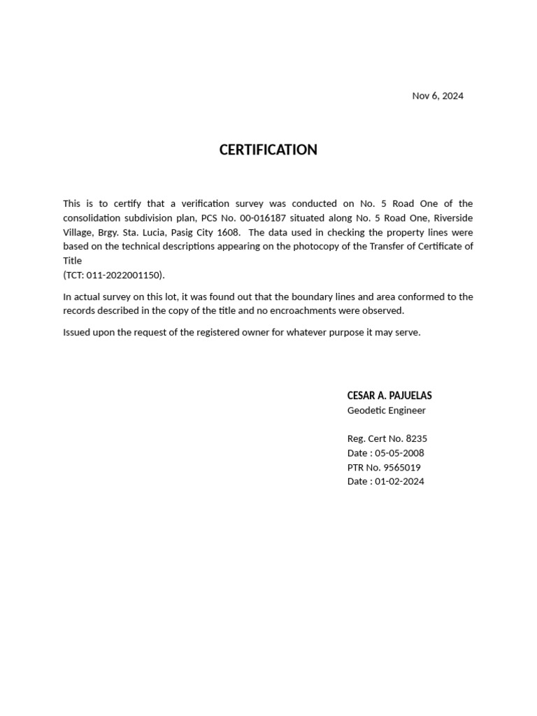 Verification Survey - Cert - Geodetic Engr Cesar | PDF