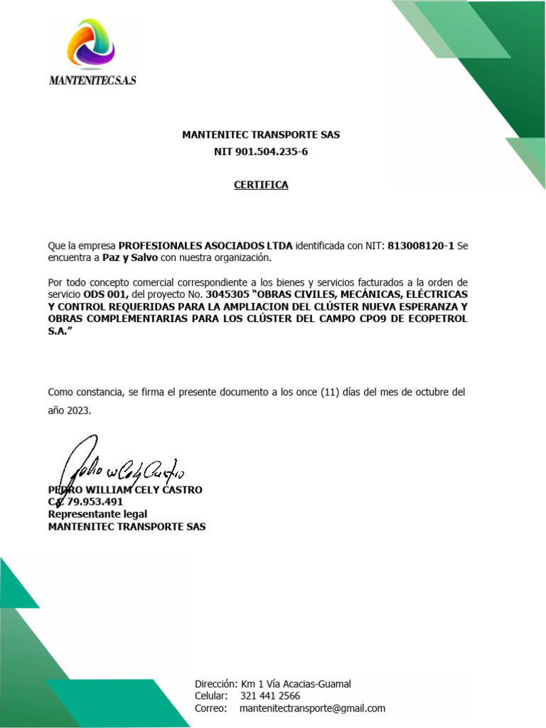 Certificación de Paz y Salvo 2023 | PDF