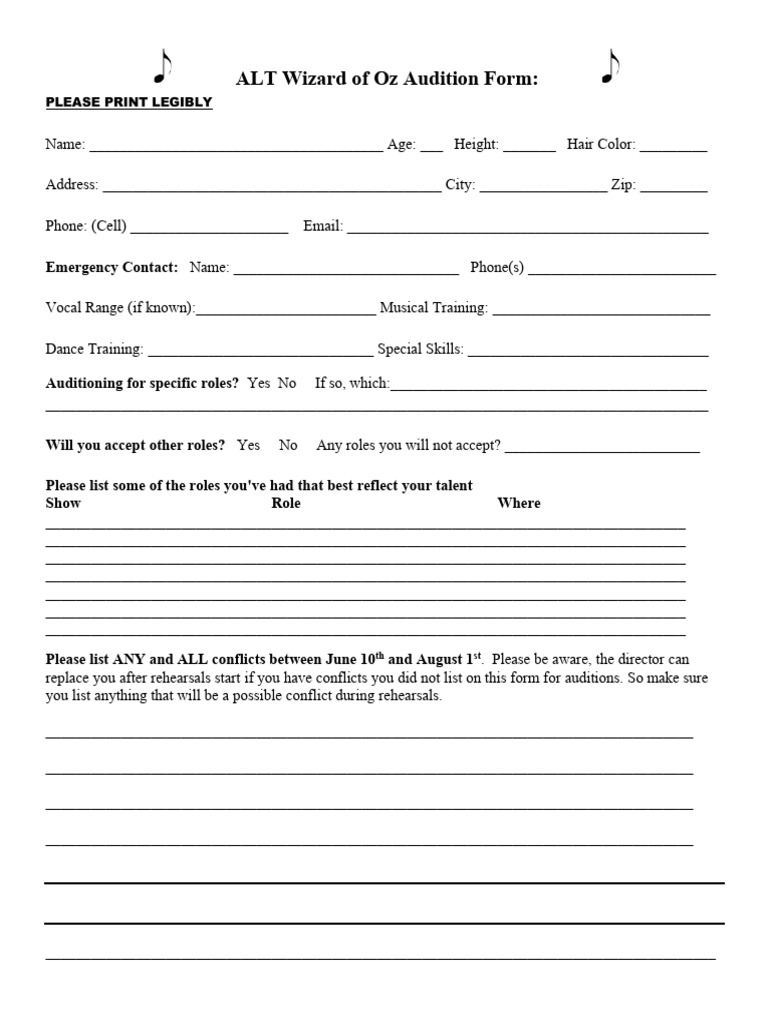 Wizard of Oz Audition Form Template | PDF