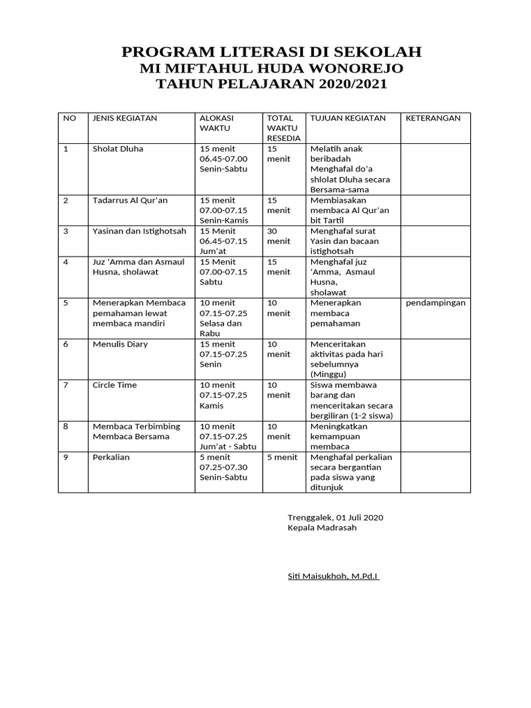 Program Literasi MI Miftahul Huda 2020 | PDF