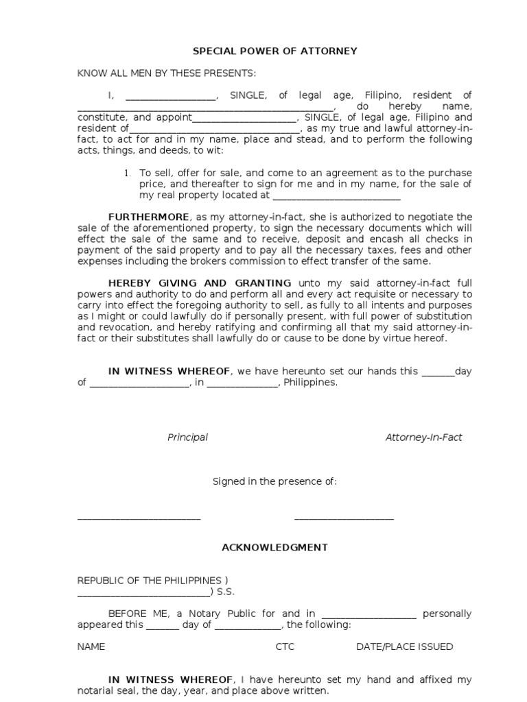 Special Power of Attorney Granting Full Authority to an Attorneyin