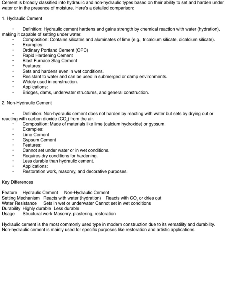 Hydraulic vs Non-Hydraulic Cement Guide | PDF