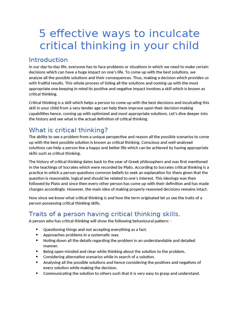 Inculcating Critical Thinking in Kids | PDF | Critical Thinking | Thought