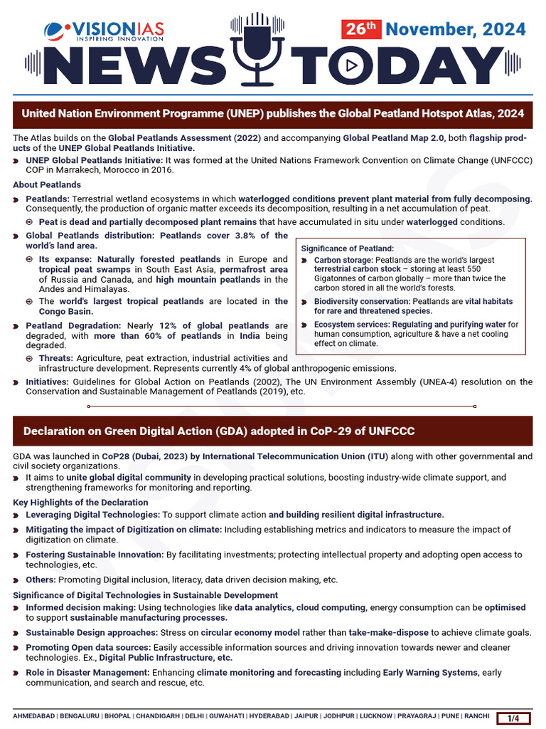 VisionIAS Daily Current Affairs 26 November 2024 | PDF | Peat