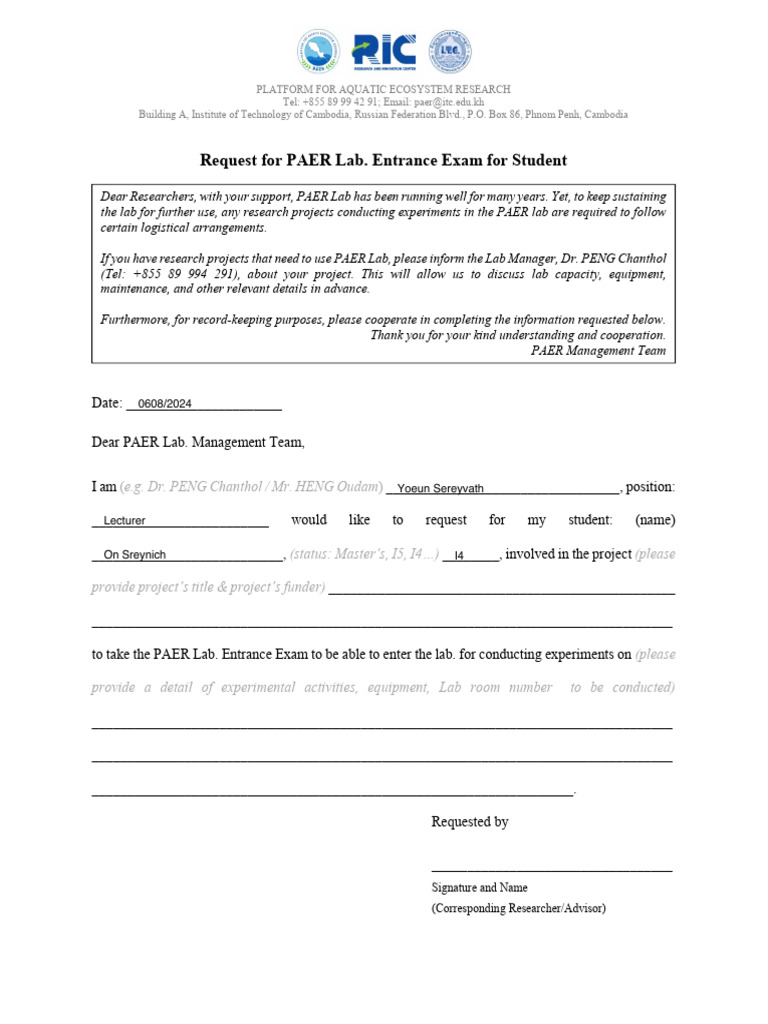 PAER Lab Entrance Exam Request Form | PDF