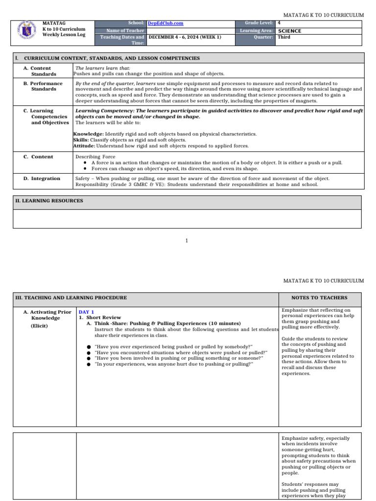 Rigid and Soft Objects in Grade 4 Science | PDF | Force | Learning