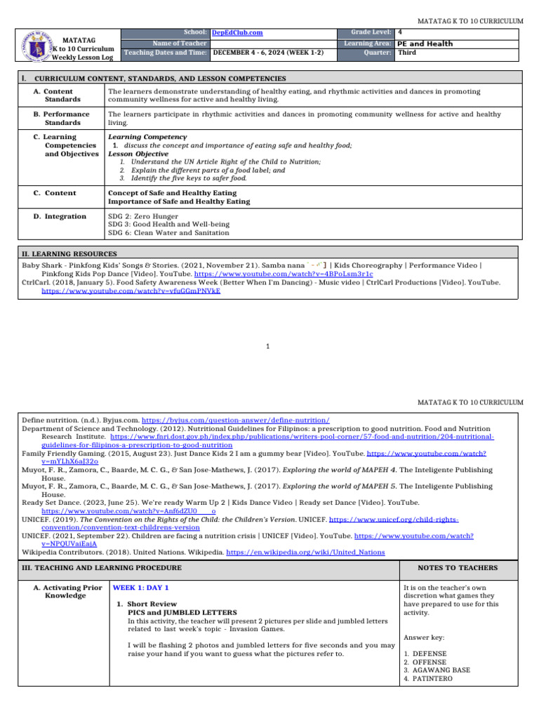 DLL Matatag - Pe & Health 4 q3 Week1-2 | PDF | Nutrition Facts Label ...