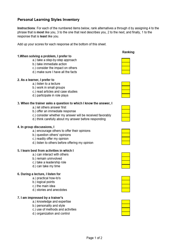 Personal Learning Styles Assessment | PDF | Learning | Learning Styles
