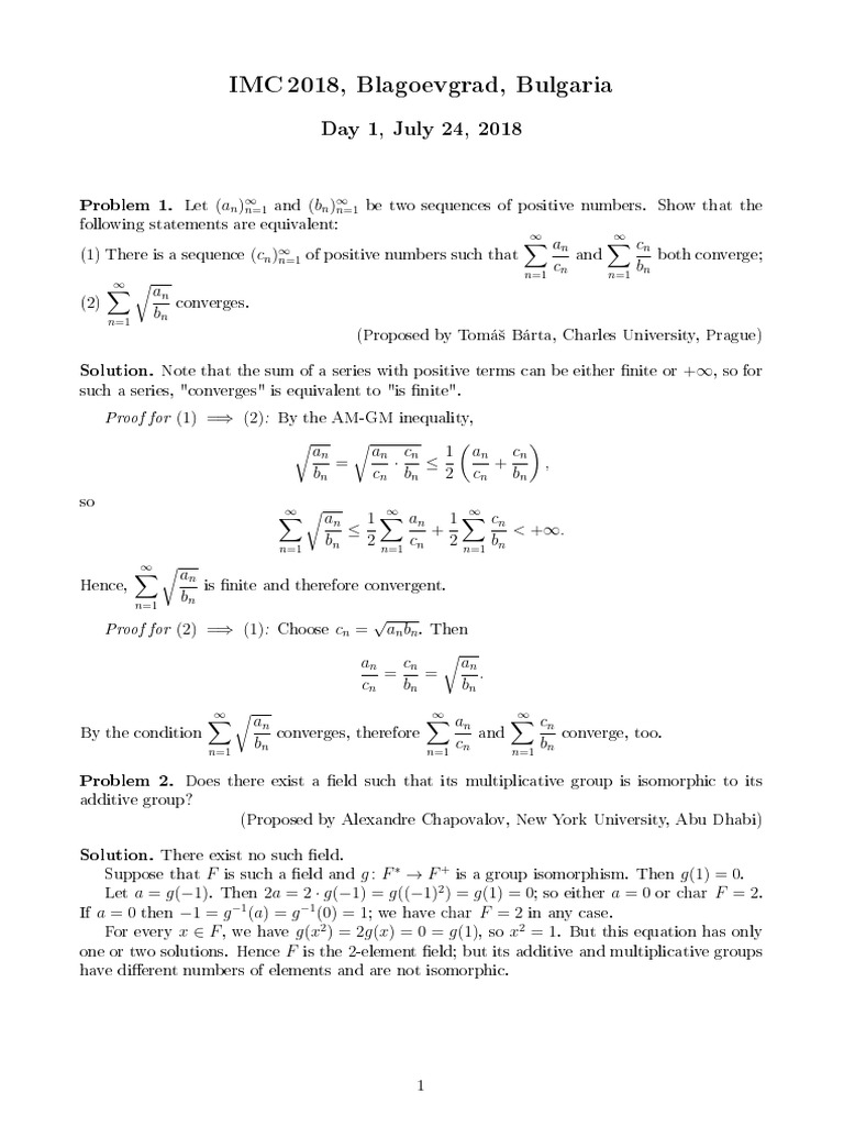 Imc2018 Day1 Solutions | PDF | Numerical Analysis | Abstract Algebra