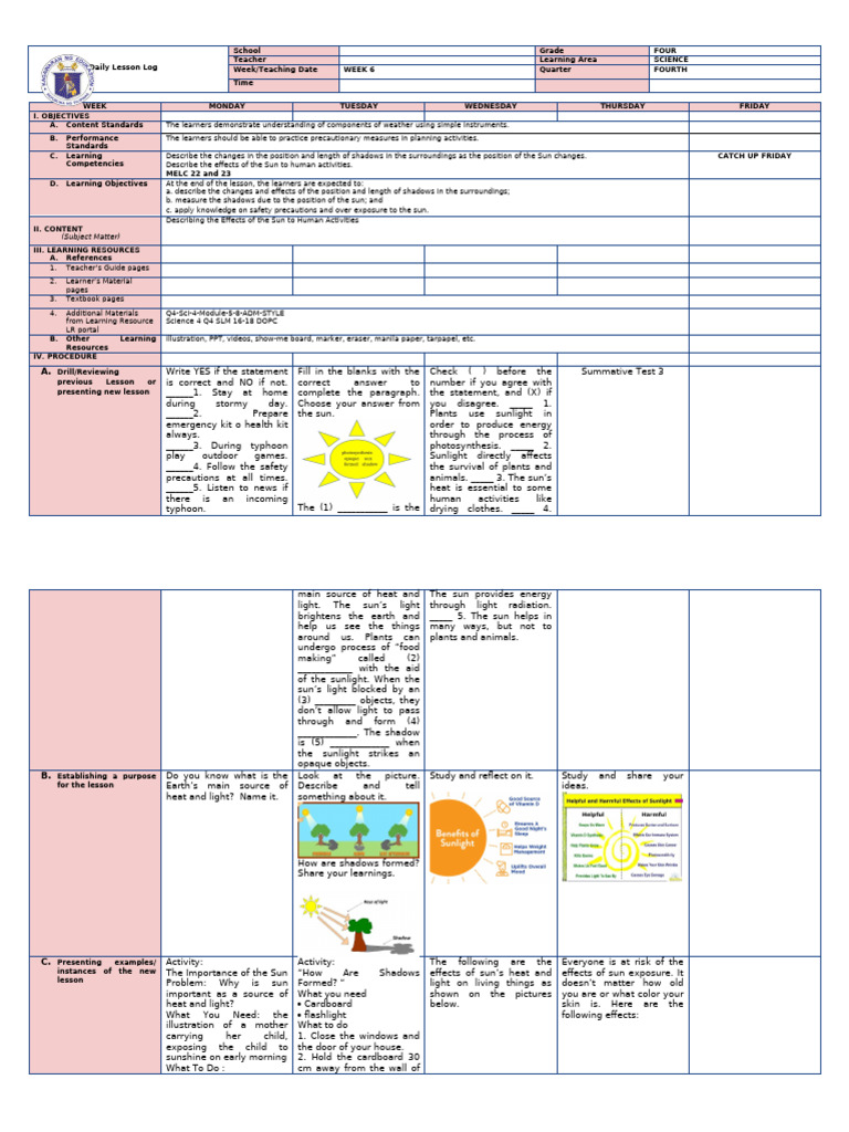 Science 4 Q4 W6: Sun Effects & Safety | PDF | Sunscreen | Shadow